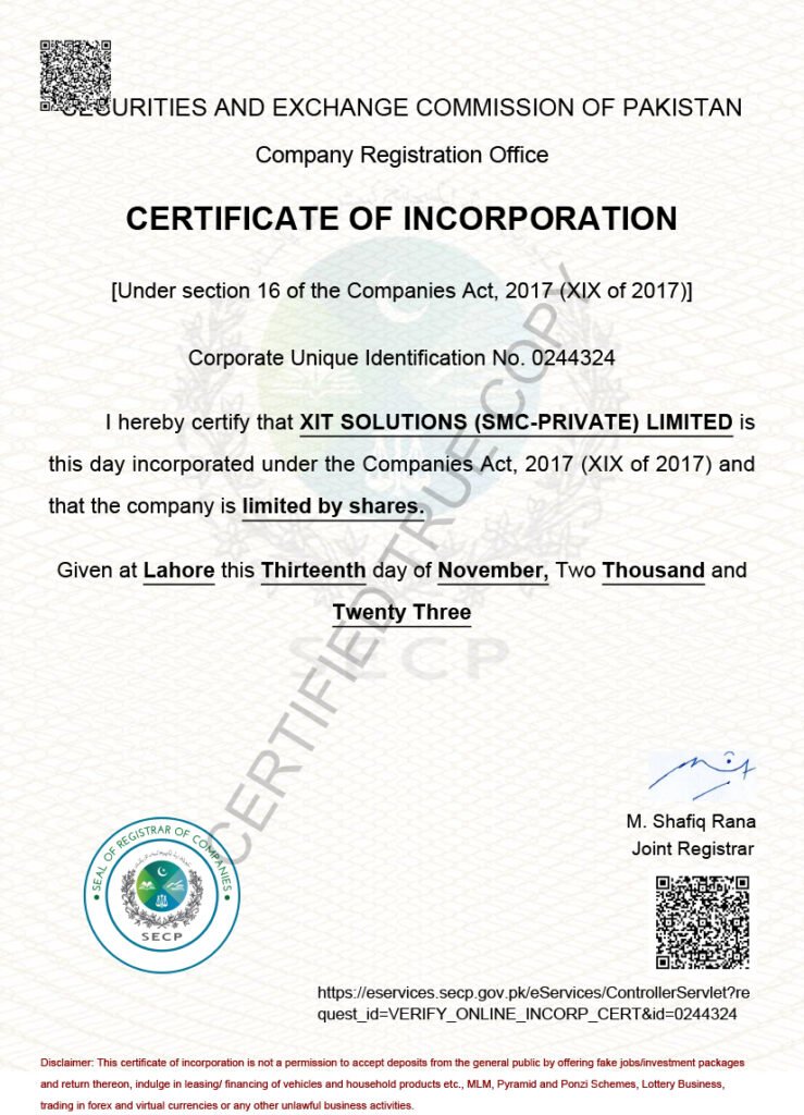 secp company registration XIT Solutions Pvt Ltd